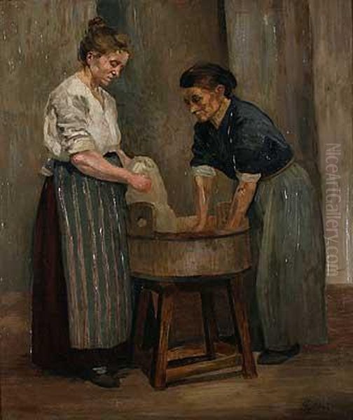 Zwei Wascherinnen Am Zuber by Rudolf Gudden