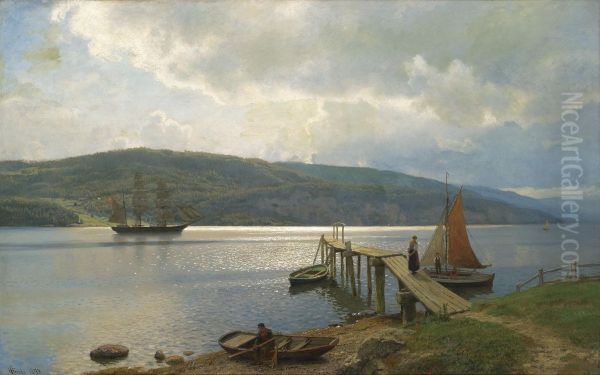 The Jetty At Feste Near Moss Oil Painting by Hans Fredrik Gude