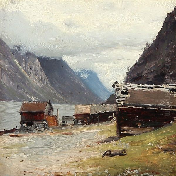 Fiord Scene On A Cloudy Summer Day Oil Painting by Hans Fredrik Gude