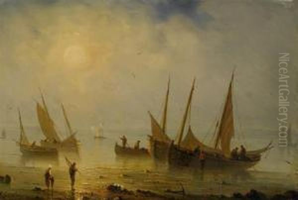 Fishing Boats At Sunrise Oil Painting by Herminie Gudin