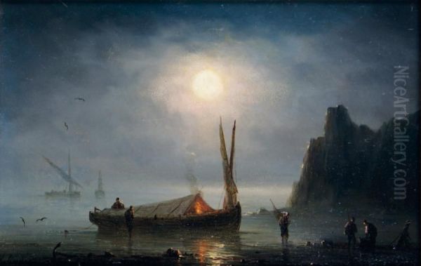 Pecheurs Au Clair De Lune Oil Painting by Herminie Gudin