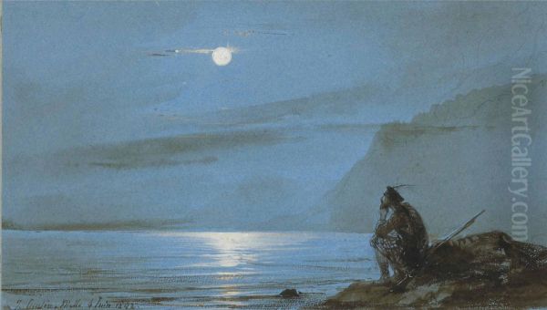 Soldat Ecossais Meditant Au Bord De L'eau Au Clair De Lune Oil Painting by Theodore Gudin