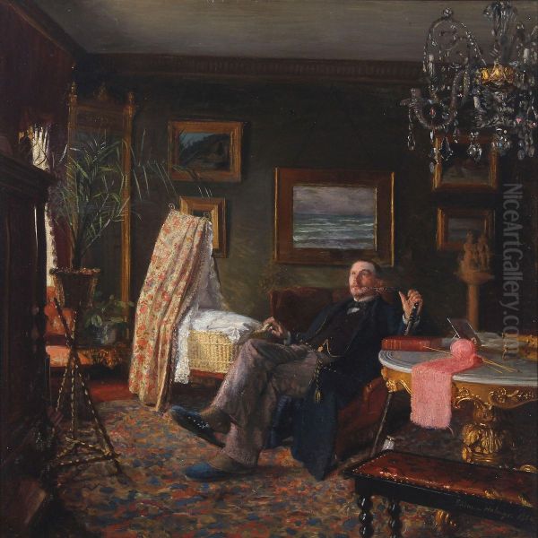 Interior With Gentleman Oil Painting by Johan Gudmundsen-Holmgreen