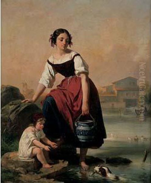 Jeune Femme, Enfant Et Chien, A La Riviere Oil Painting by Julien Michel Gue