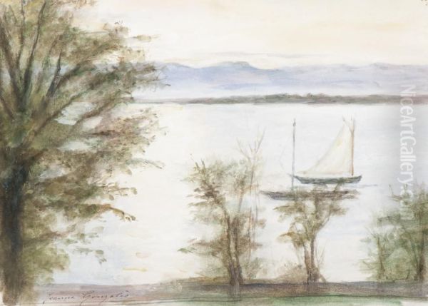 Paysage De Lac Avec Un Bateau Oil Painting by Jeanne Guerard-Gonzales