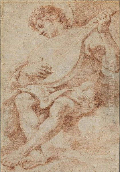 An Angel Seated On A Cloud Playing The Lute Oil Painting by Guercino