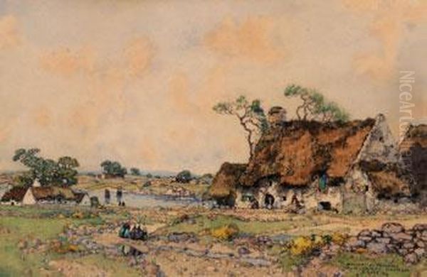 Maisons De Pecheurs Su Morbihan Oil Painting by Ernest Guerin