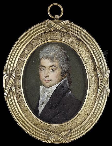 A Gentleman, Wearing Brown Coat, White Waistcoat And Tied Stock, His Hair Powdered Oil Painting by Jean Urbain Guerin