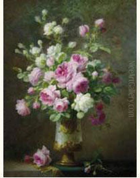 Vase De Roses Sur Entablement Oil Painting by Therese Guerin