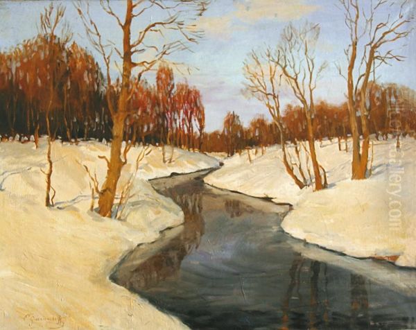 Paysage Hivernal Avec La Riviere Oil Painting by Mikhail Markianovitch Guermatcheff