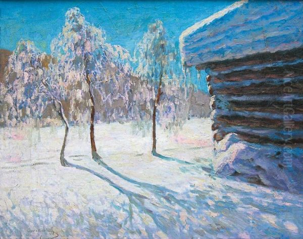 Isba Sous La Neige Oil Painting by Mikhail Markianovitch Guermatcheff