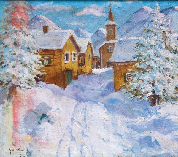 Hameau Sous La Neige Oil Painting by Mikhail Markianovitch Guermatcheff