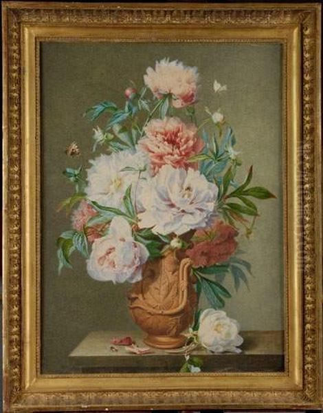 Bouquet De Fleurs Aux Papillons Et Abeilles, Dans Un Vase En Terre Cuite. Oil Painting by Pierre Joseph Guerou