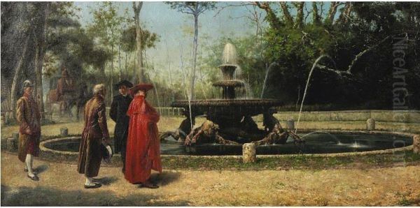 A Stroll By The Fountain Oil Painting by Achille Guerra