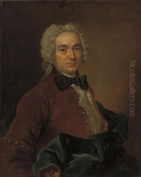 Portrait Of A Gentleman, Half-length, In A Rust Jacket With A Blue Wrap Oil Painting by Charles-Etienne Gueslain