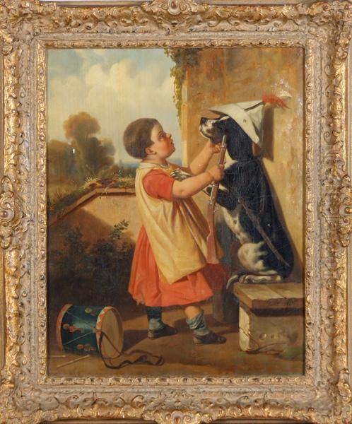 Child Playing Soldier With Pet Dog Oil Painting by Charlemagne Oscar Guet