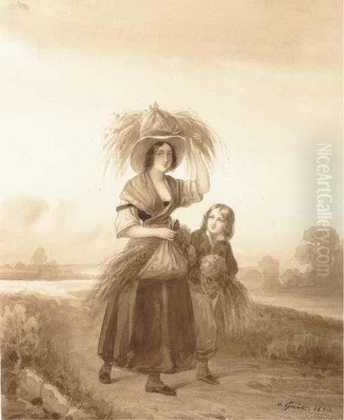 Une Femme Et Un Enfant Portant Des Ballots De Paille Dans Un Paysage Oil Painting by Charlemagne Oscar Guet