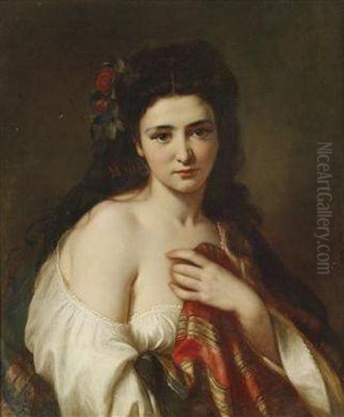 Portrait Of A Maiden With Roses In Her Hair Oil Painting by Karl Adolf Gugel