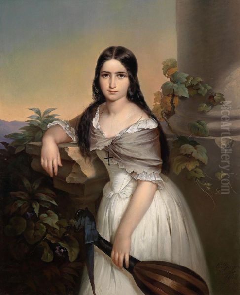 Ragazza Con Mandolina Oil Painting by Karl Adolf Gugel