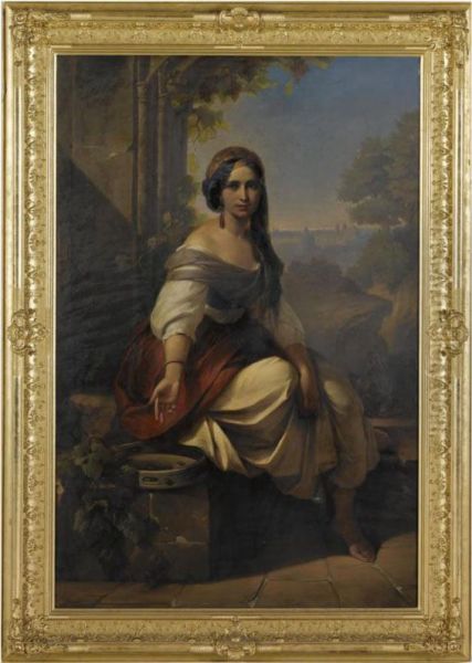 Portrait Of A Young Woman With A Tambourine Oil Painting by Karl Adolf Gugel