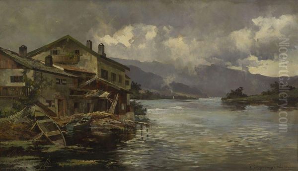 Fischerhauser Am Ufer Eines Gebirgssees Oil Painting by Theodor Otto Michael Guggenberger