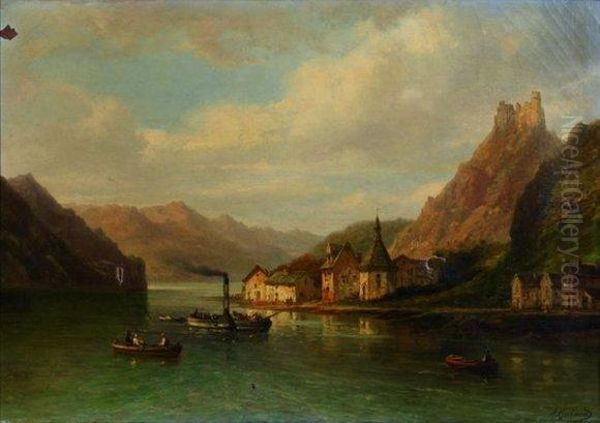 Le Bac Et Les Barques Sur Un Lac De Montagne Oil Painting by Jacques Guiaud