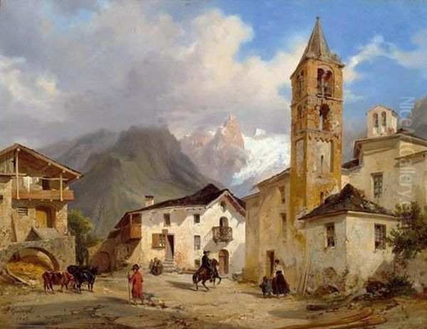 View Of A Mountain Village In Engadin Oil Painting by Jacques Guiaud