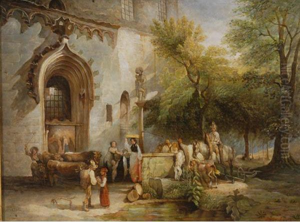 Figures Near A Fountain Oil Painting by Joseph Benoit Guichard