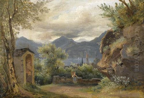 Felsige Wegpartie Mit Bauerin Vor Seelandschaft Oil Painting by Charles Louis Guigon