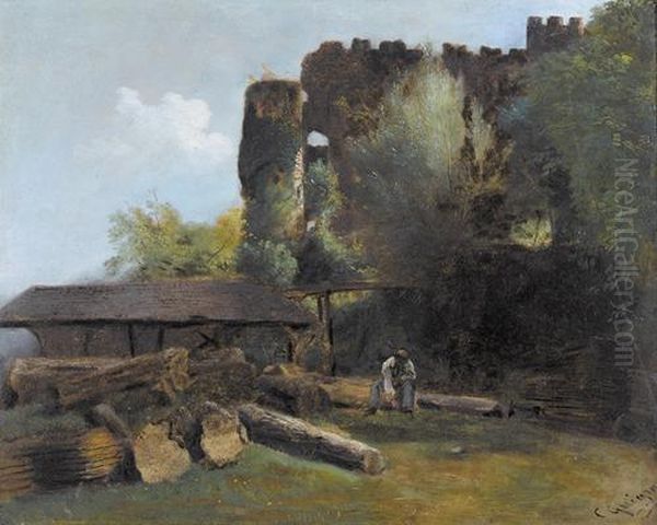 Ruines Du Chateau De La Rochette Oil Painting by Charles Louis Guigon