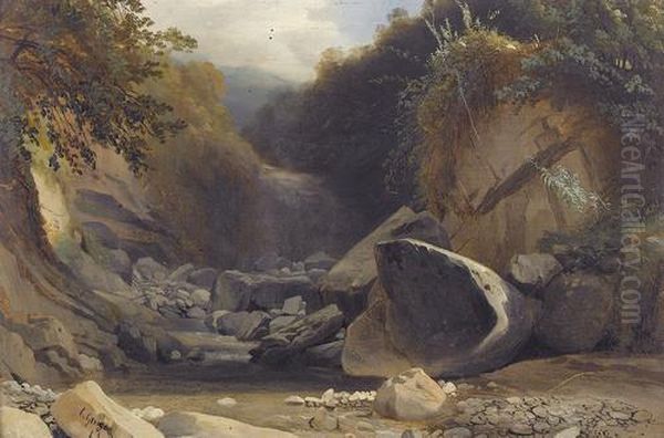 Felsige Wildbachpartie Mit Wasserfall Oil Painting by Charles Louis Guigon