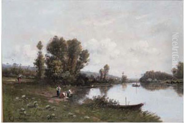 Personnages Au Bord De La Riviere Oil Painting by A. Guilbert