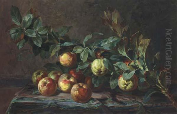 Nature Morte Avec Des Pommes Sur Une Table Recouverte D'un Tapis Oil Painting by Andre Guilbert