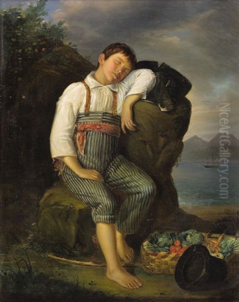 A Roadside Nap Oil Painting by Auguste Alexandre Guillaumot