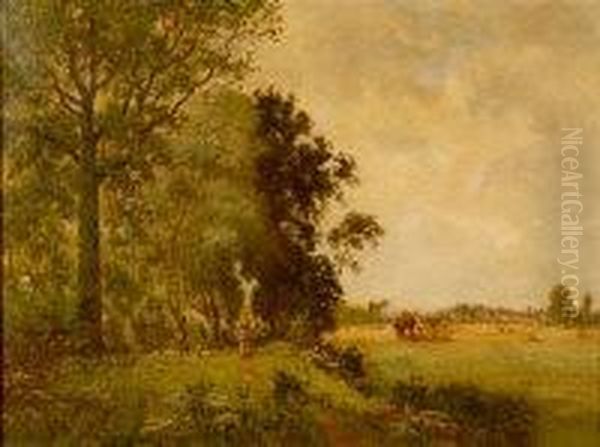 Harvest Scene With Figure On A Woodland Path Oil Painting by Ernest Guillemer