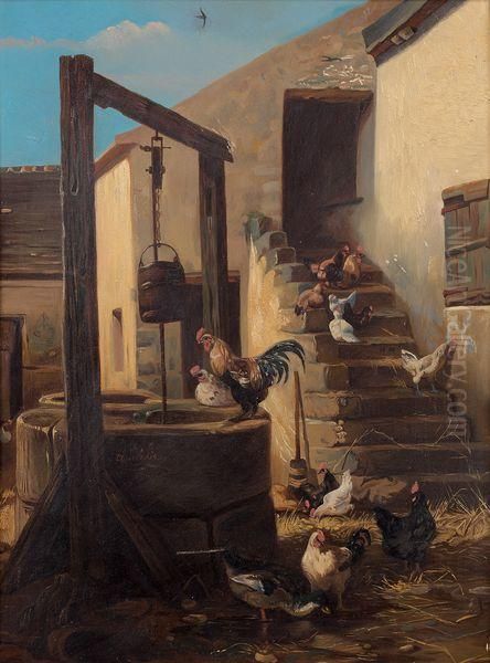 Coq Et Poules Dans Une Basse-cour Au Puits Et A L'escalier Oil Painting by Claude Guilleminet