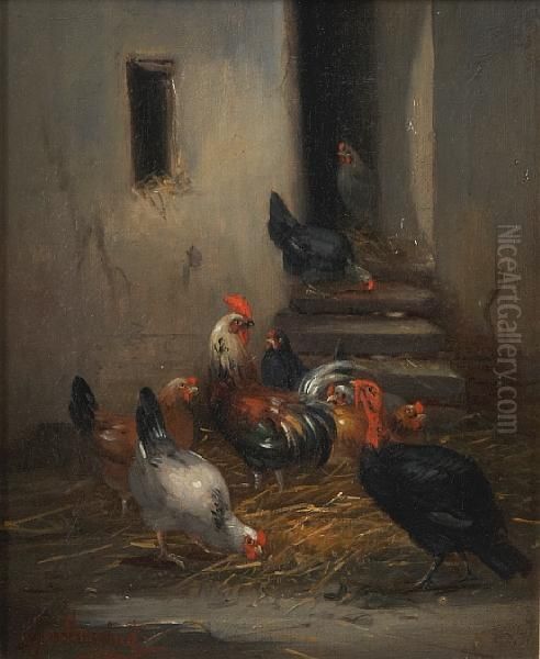 Roosters And A Turkey In A Farmyard Oil Painting by Claude Guilleminet