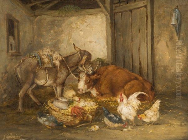 Ane, Vache Et Poules Dans Une Etable Oil Painting by Claude Guilleminet