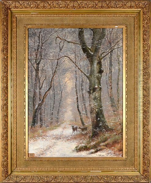 Chevreuil Et Sa Femelle Dans Un Sous-bois Enneige Oil Painting by Alexandre-Charles Guillemot