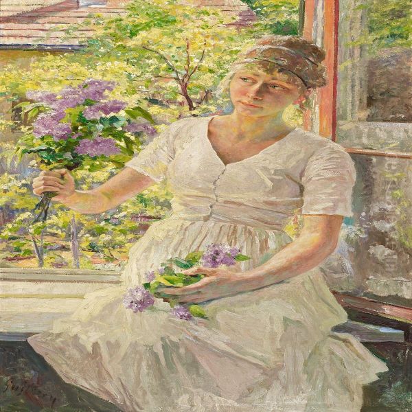 Young Girlwith Lilacs Sitting On The Windowsill Oil Painting by Franz Paul Guillery