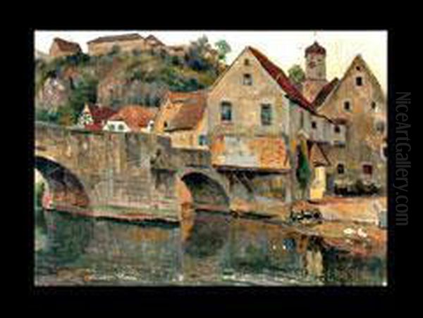 Hauserpartie Und Steinbrucke An Einem Fluss Oil Painting by Franz Paul Guillery