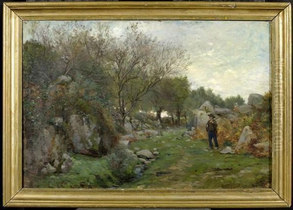 A French Landscape With Young Shepherd. Oil Painting by Adolphe Guillon