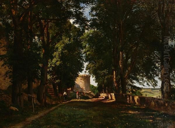 Figures On A Woodland Path Oil Painting by Adolphe Guillon