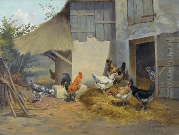 Auf Dem Huhnerhof. Oil Painting by Eugene Antoine Guillon