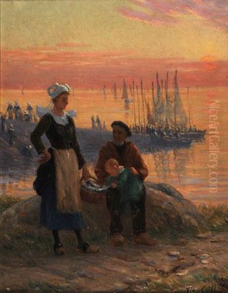 Famille De Pecheur, Soleil Couchant Oil Painting by Alfred Guillou