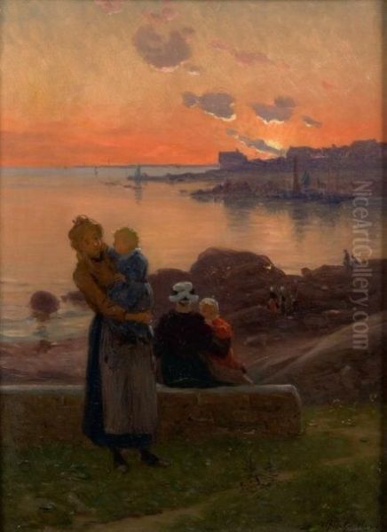 Famille Dans La Baie De Douarnenez Oil Painting by Alfred Guillou