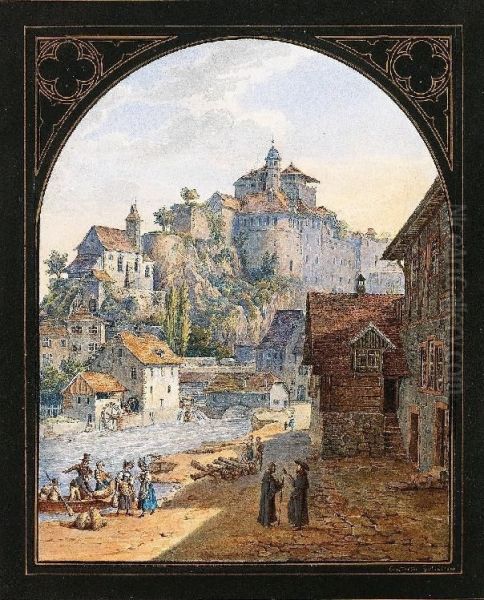 Blick Auf Aarburg Mit Der Festungsanlage Und Feiner Figurenstaffage Oil Painting by Konstantin Guise