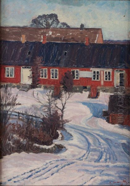 Vinterlandskap Med Roda Hus Oil Painting by Per Gummeson