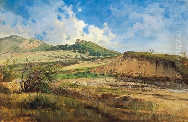 Landscape, With Ruins Of A Castle, 1870s Oil Painting by Gyula Gundelfinger