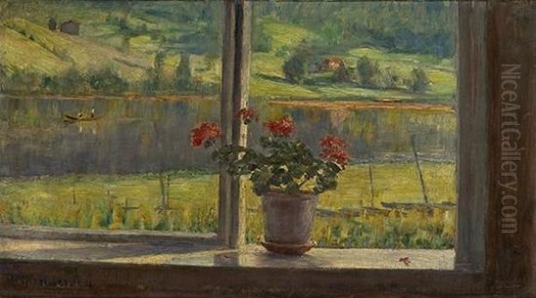 View From A Windowwith Geranium In A Pot Oil Painting by Helene Gundersen